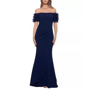 NWT Xscape Off the Shoulder Ruffle Gown Women's Navy Size 14W